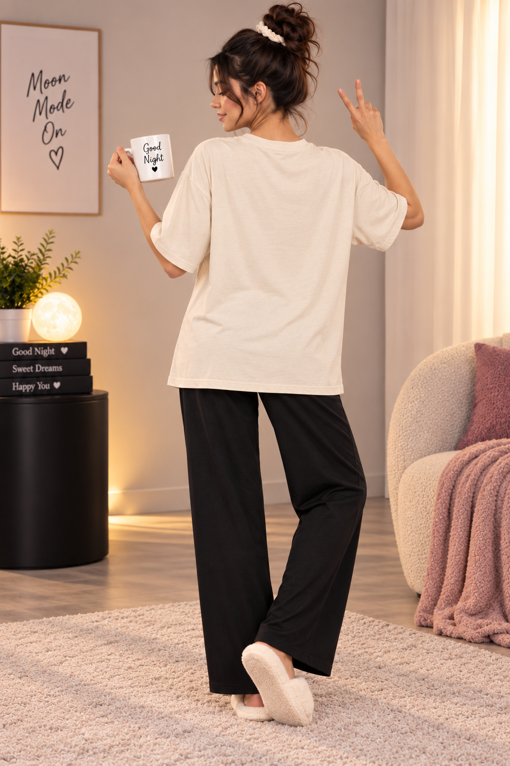 Karavya Women’s Resting Panda Graphic Oversized T-Shirt & Pajama Nightwear Set