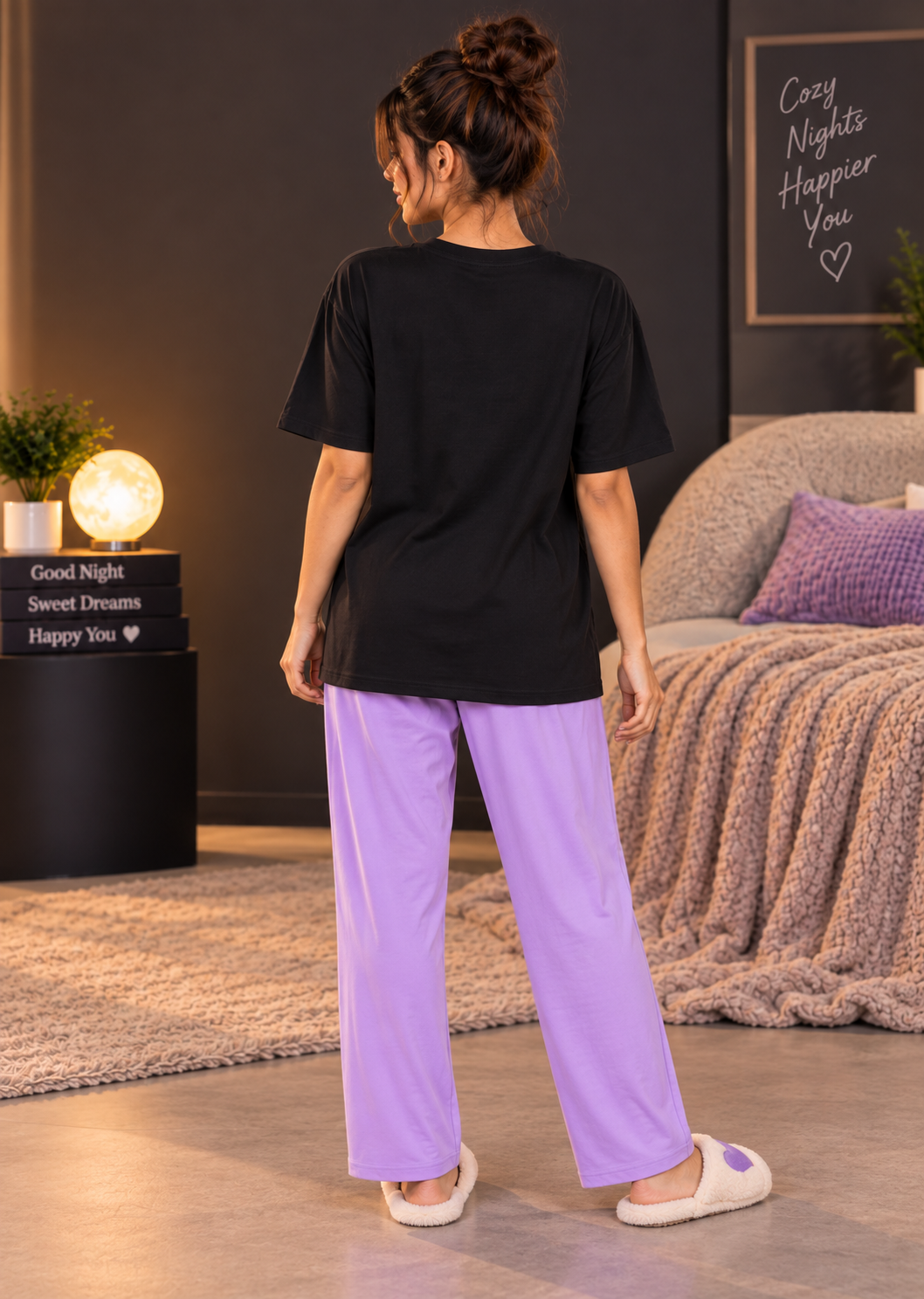 Karavya Women’s Hello World Moon Graphic Oversized T-Shirt & Pajama Nightwear Set