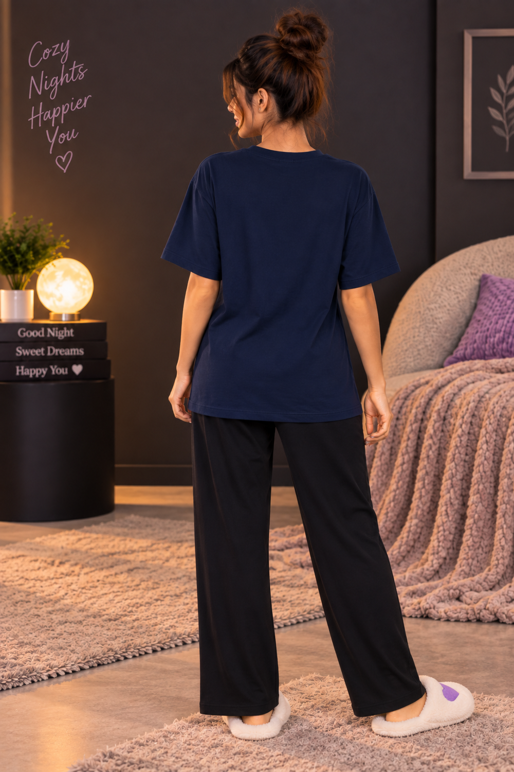 Karavya Women’s Hello World Moon Graphic Oversized T-Shirt & Pajama Nightwear Set