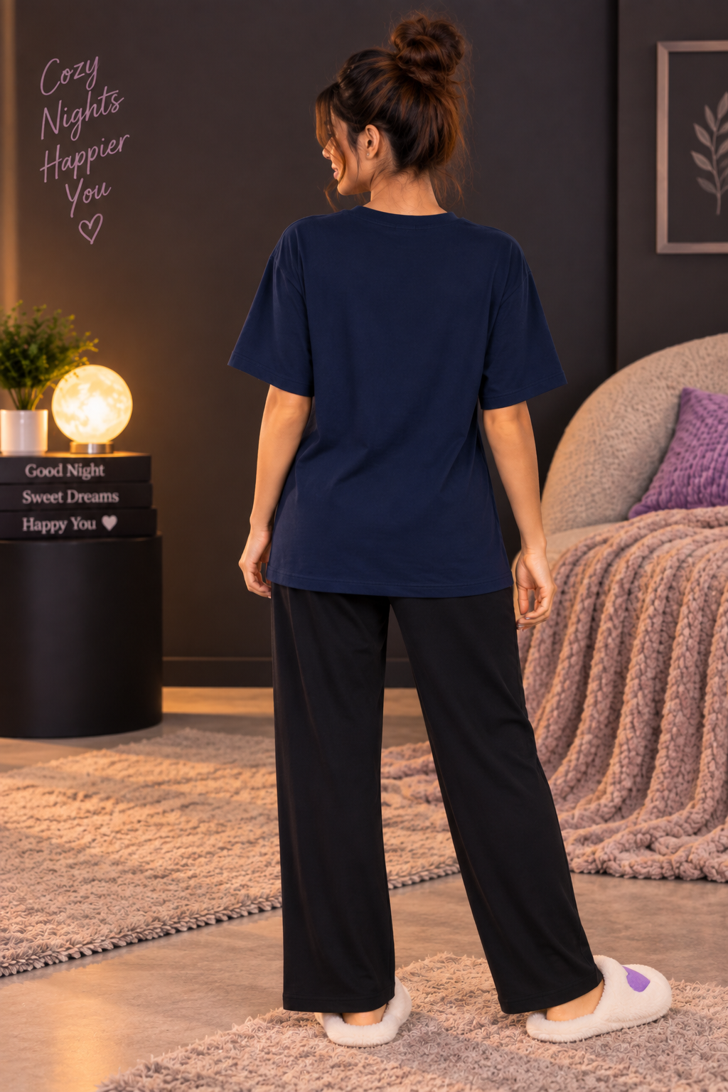 Karavya Women’s Hello World Moon Graphic Oversized T-Shirt & Pajama Nightwear Set