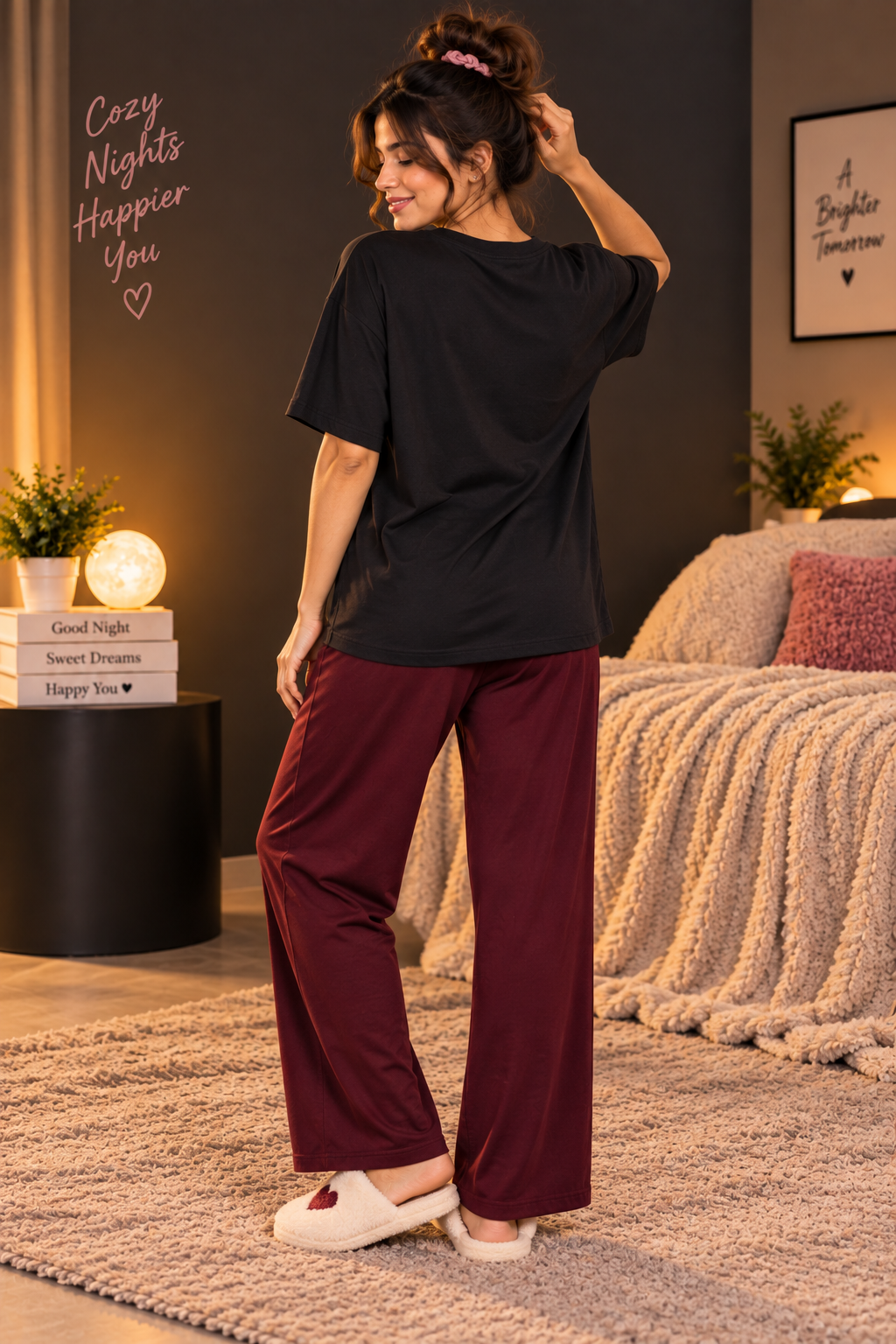 Karavya Women’s Girl Vibes Graphic Oversized T-Shirt & Pajama Nightwear Set