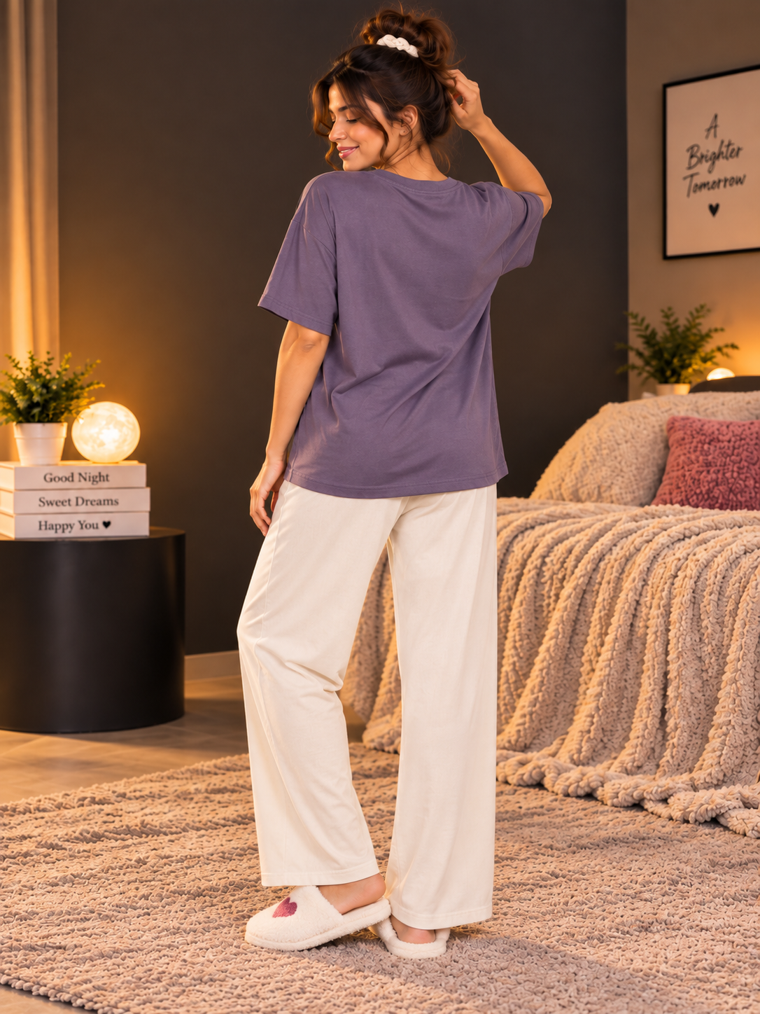 Karavya Women’s Girl Vibes Graphic Oversized T-Shirt & Pajama Nightwear Set