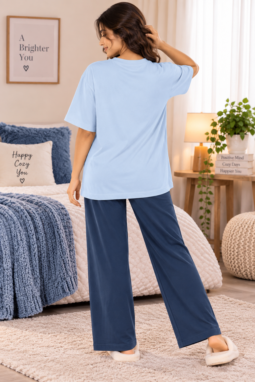 Karavya Women’s Choose Joy Butterfly Graphic Oversized T-Shirt & Pajama Nightwear Set