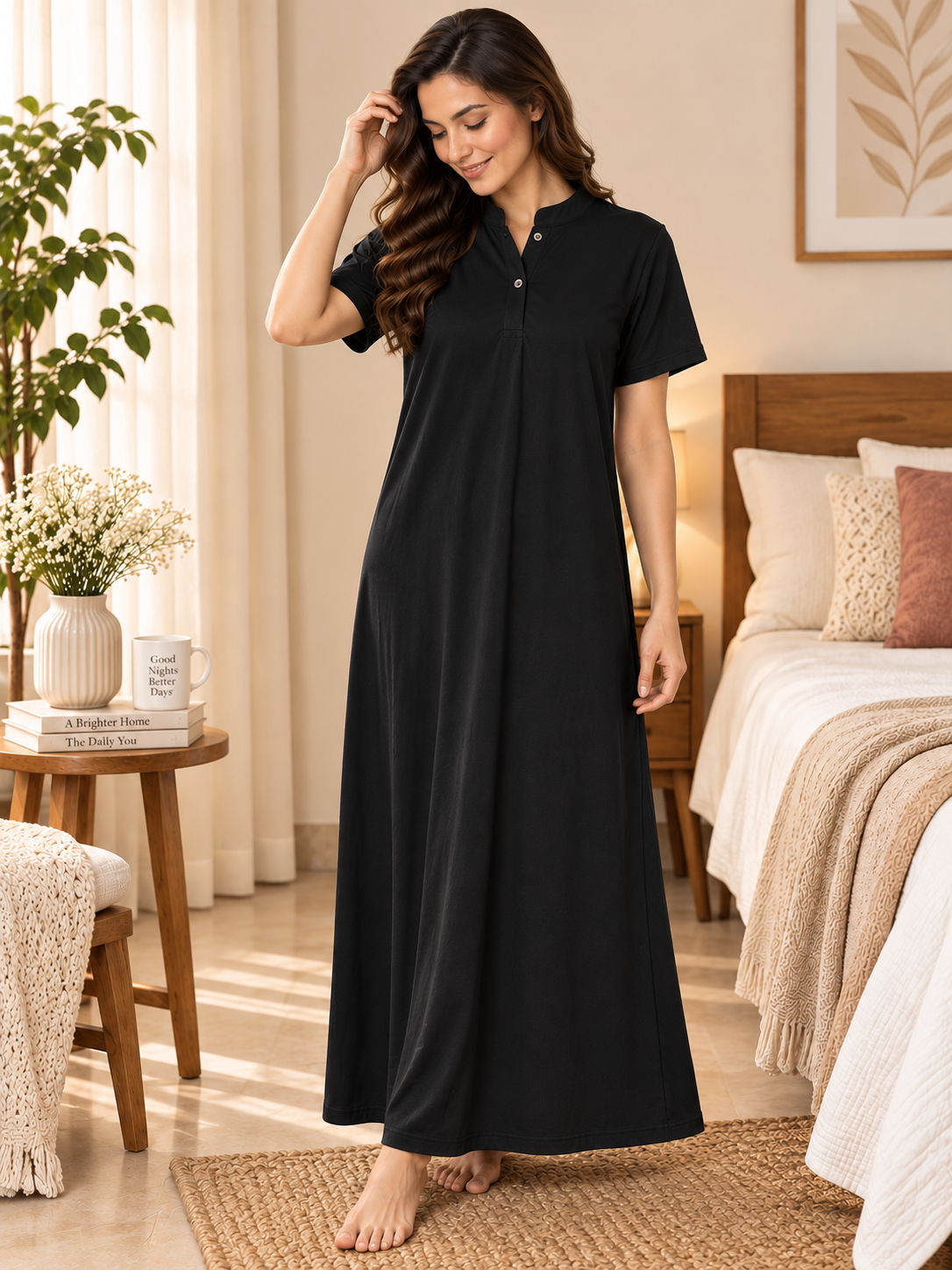 Karavya Black Cotton Mandarin Collar Long Nighty for Women