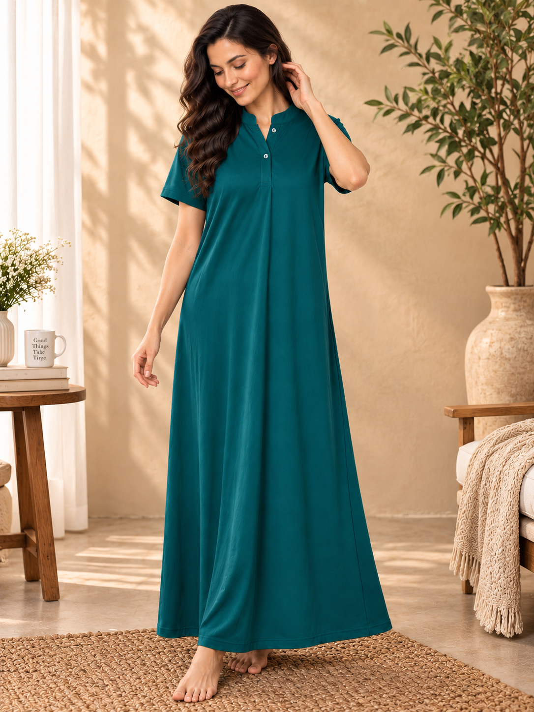 Karavya Teal Green Cotton Mandarin Collar Long Nighty for Women