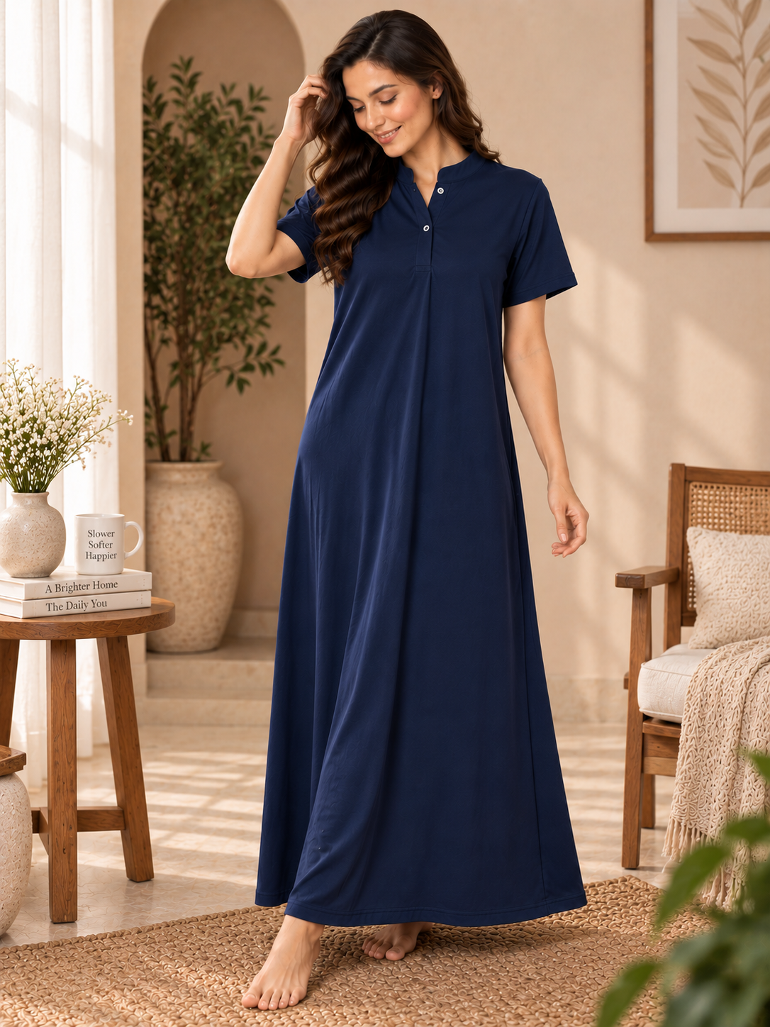 Karavya Navy Blue Cotton Mandarin Collar Long Nighty for Women