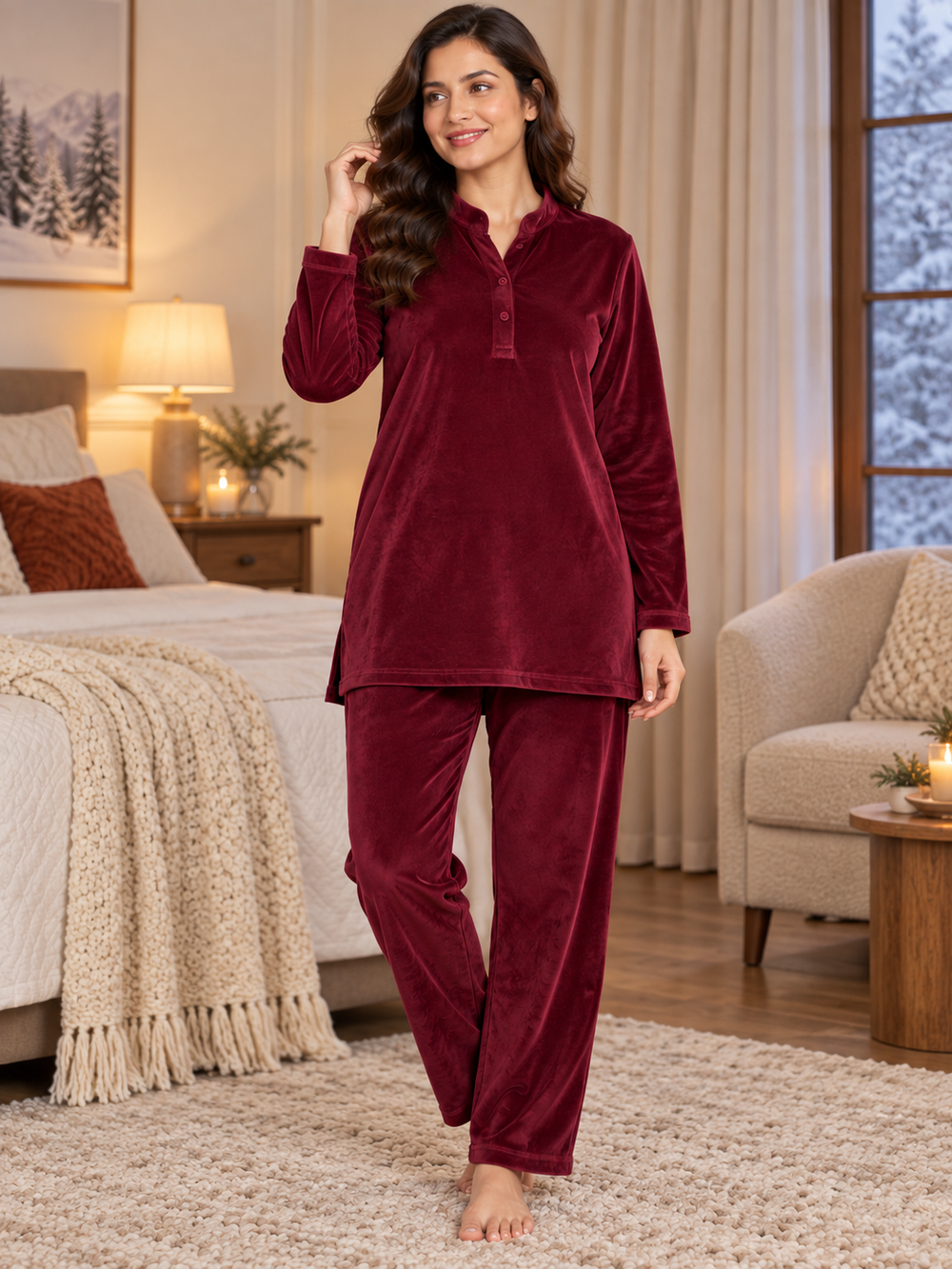 Karavya Wine Velvet Mandarin Collar Winter Night Suit for Women
