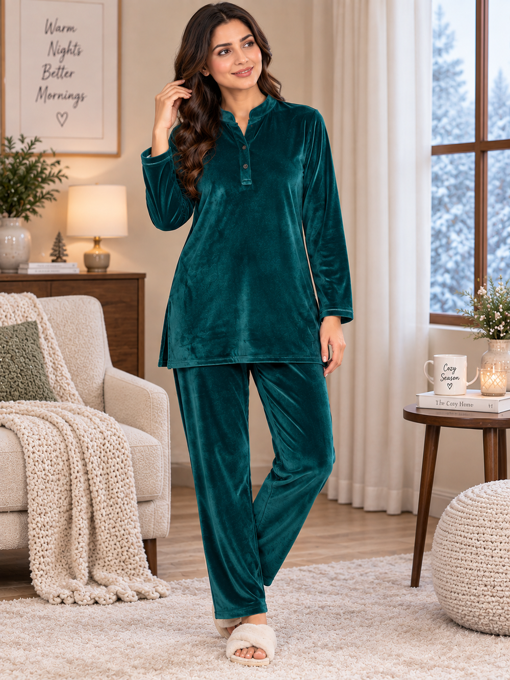 Karavya Teal Green Velvet Mandarin Collar Winter Lounge Set