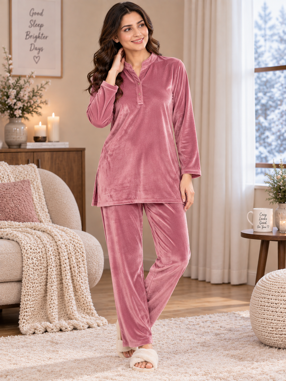 Karavya Dusty Pink Velvet Full Sleeve Winter Night Suit