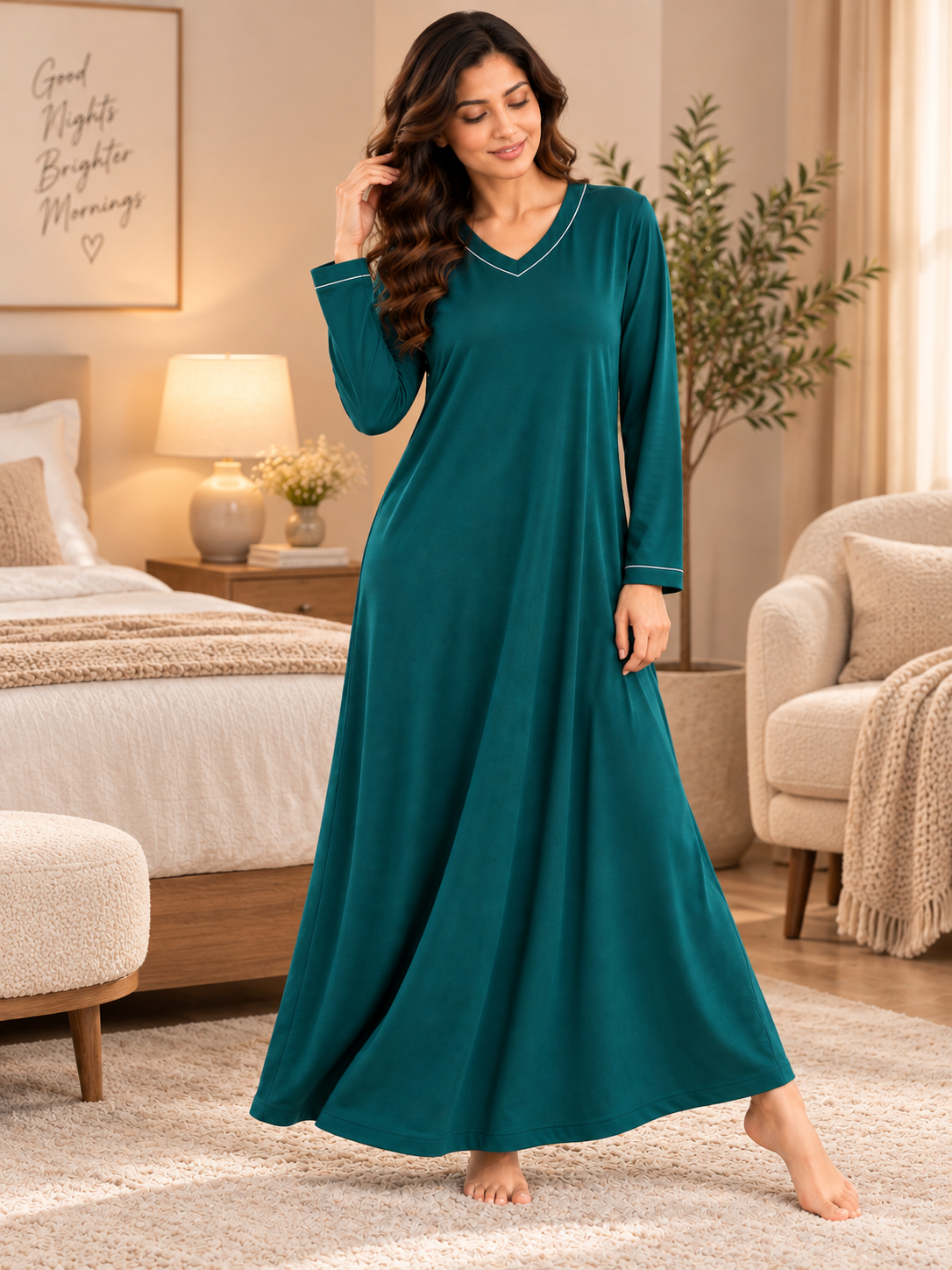 Karavya Teal Green V-Neck Full Sleeve Cotton Long Nighty
