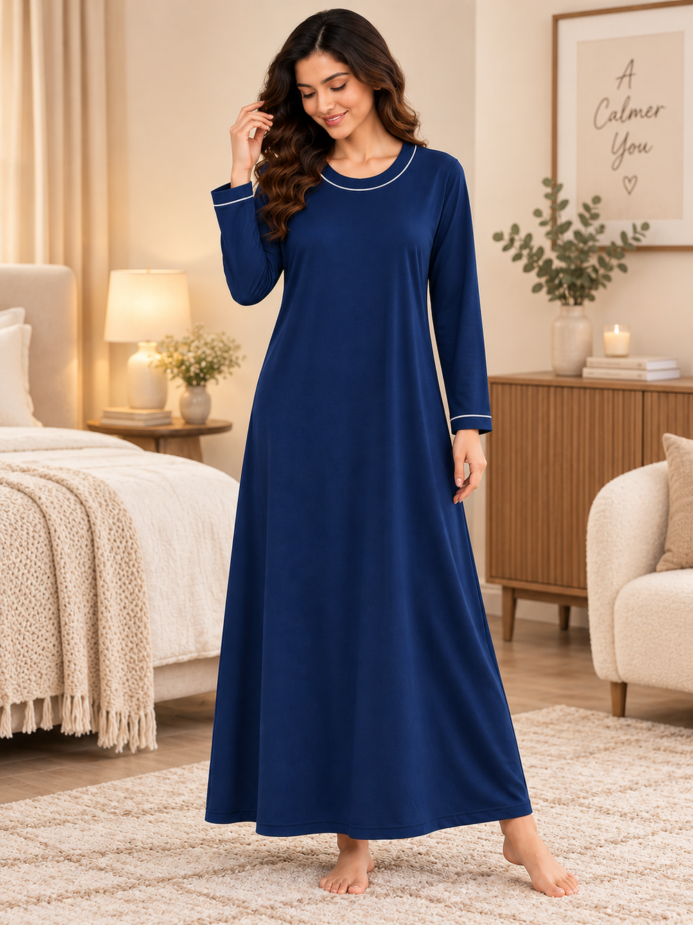 Karavya Navy Blue Round Neck Full Sleeve Cotton Long Nighty