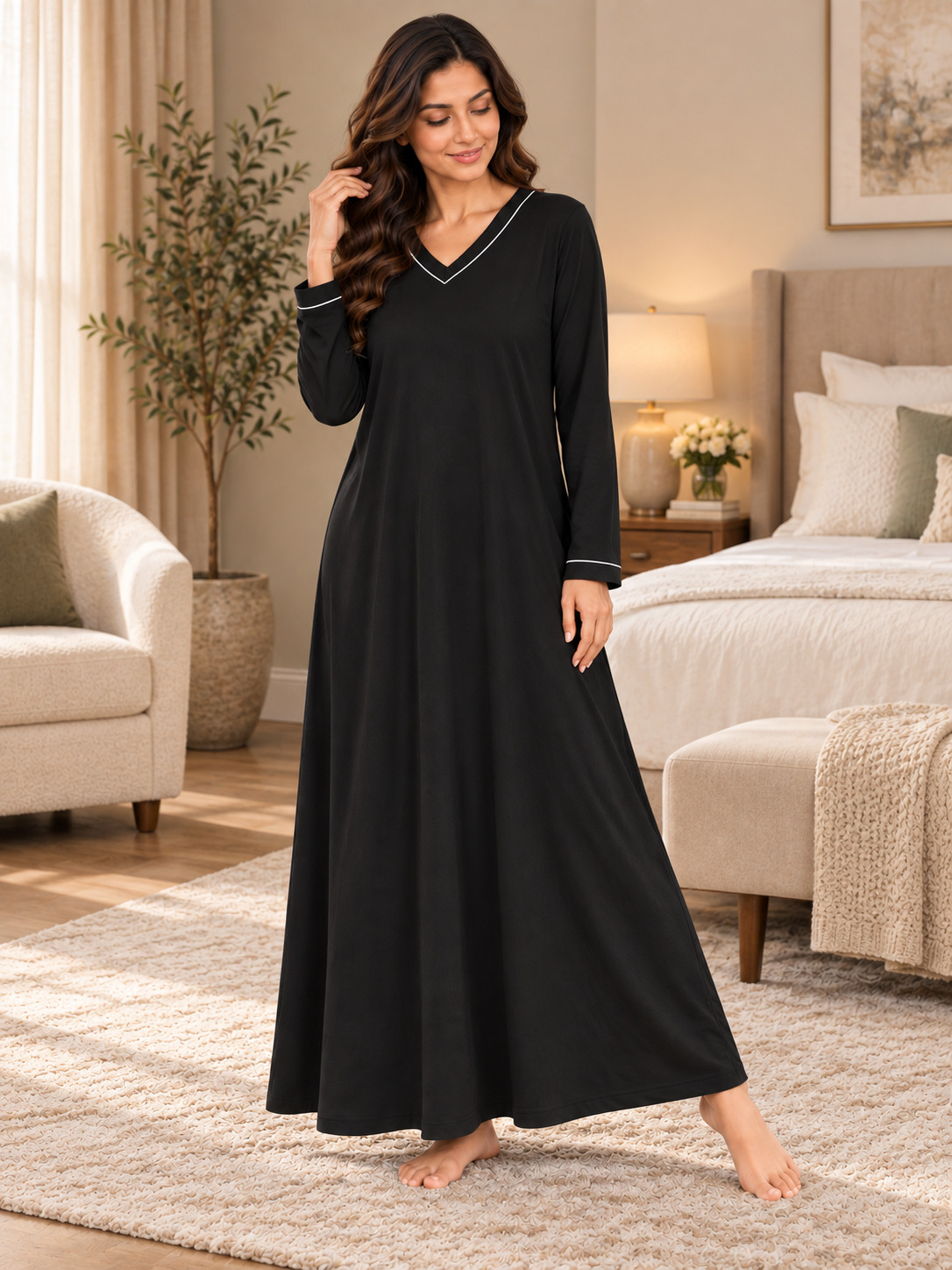 Karavya Black V-Neck Full Sleeve Cotton Long Nighty