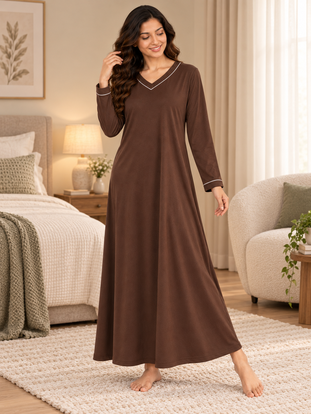 Karavya Coffee Brown V-Neck Full Sleeve Cotton Long Nighty