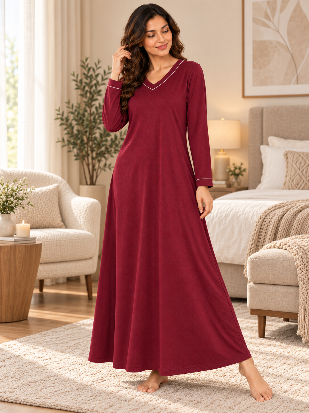 Karavya Wine V-Neck Full Sleeve Cotton Long Nighty