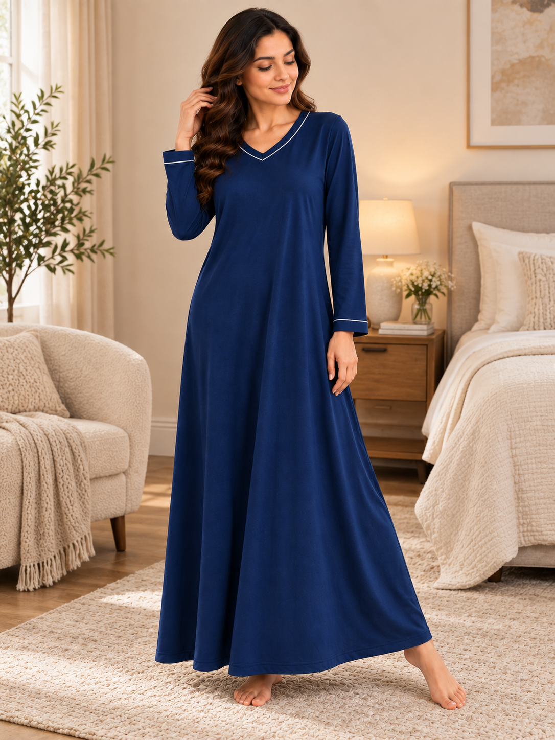 aravya Navy Blue V-Neck Full Sleeve Cotton Long Nighty