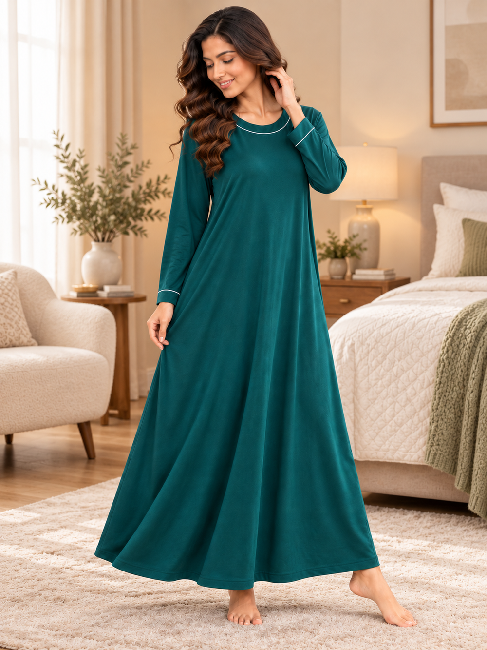 Karavya Teal Green Round Neck Full Sleeve Cotton Long Nighty