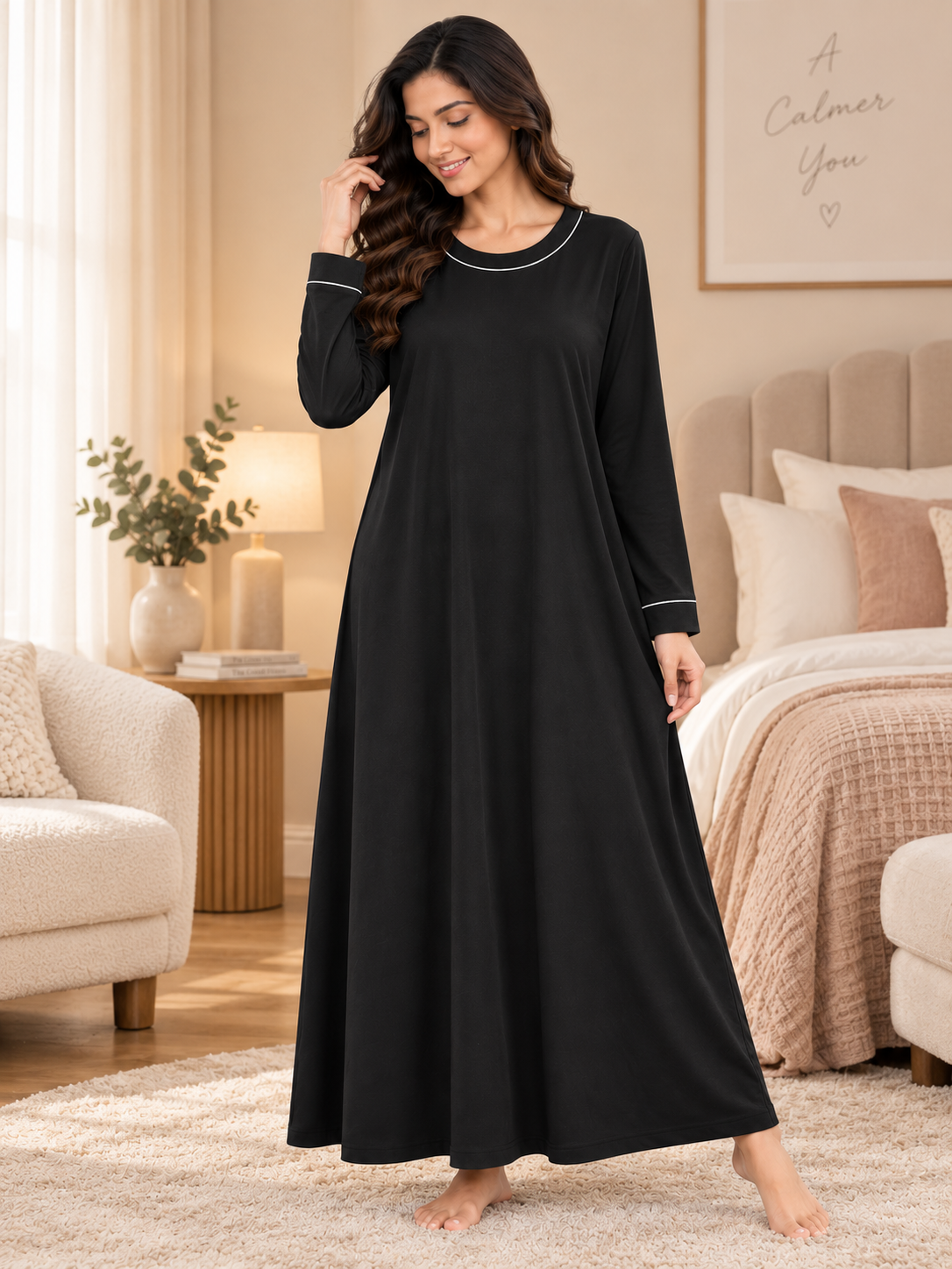 Karavya Black Round Neck Full Sleeve Cotton Long Nighty