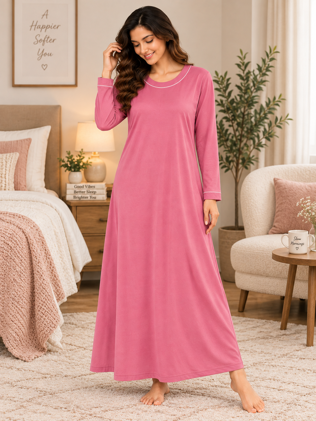 Karavya Pink Round Neck Full Sleeve Cotton Long Nighty