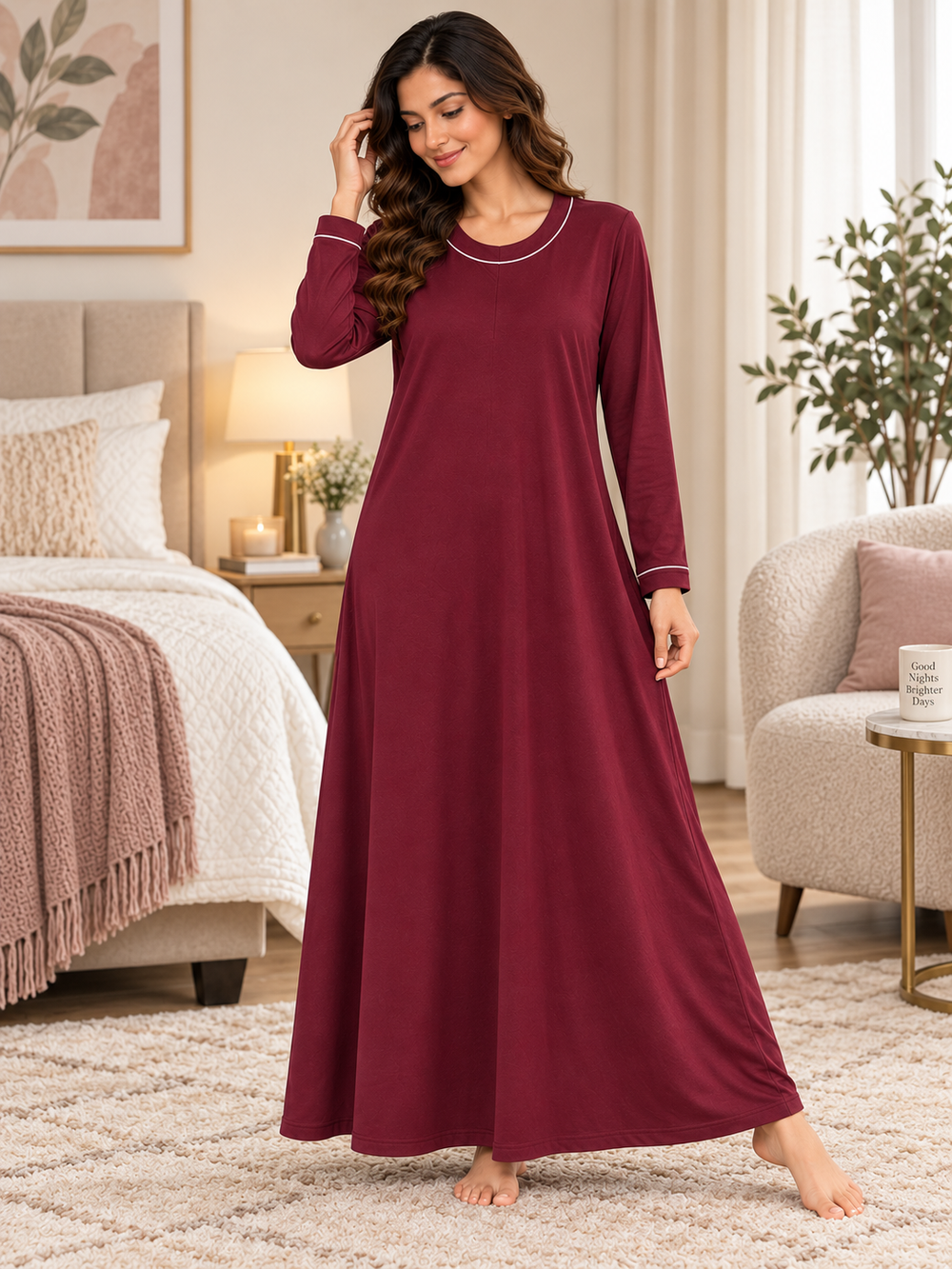 Karavya Wine Round Neck Full Sleeve Cotton Long Nighty