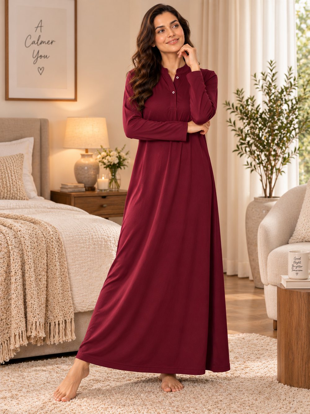 Karavya Wine Mandarin Collar Full Sleeve Cotton Long Nighty