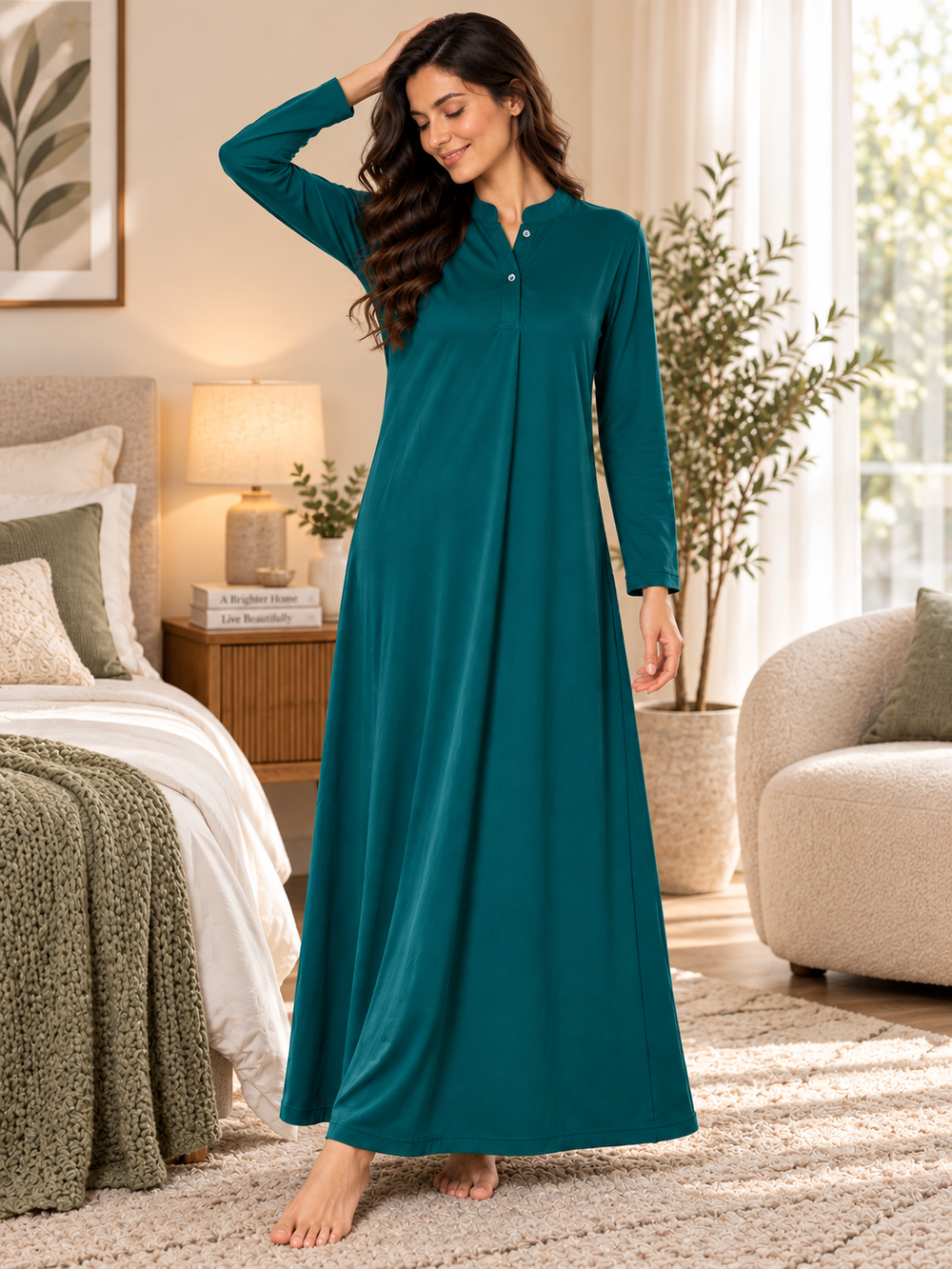 Karavya Teal Green Mandarin Collar Full Sleeve Cotton Long Nighty