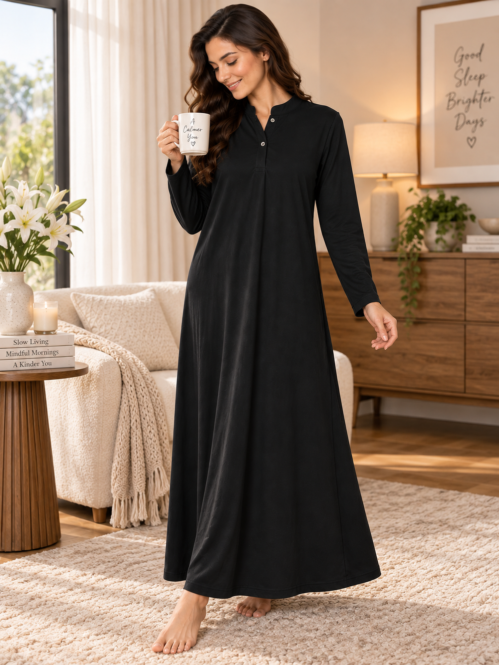 Karavya Black Mandarin Collar Full Sleeve Cotton Long Nighty