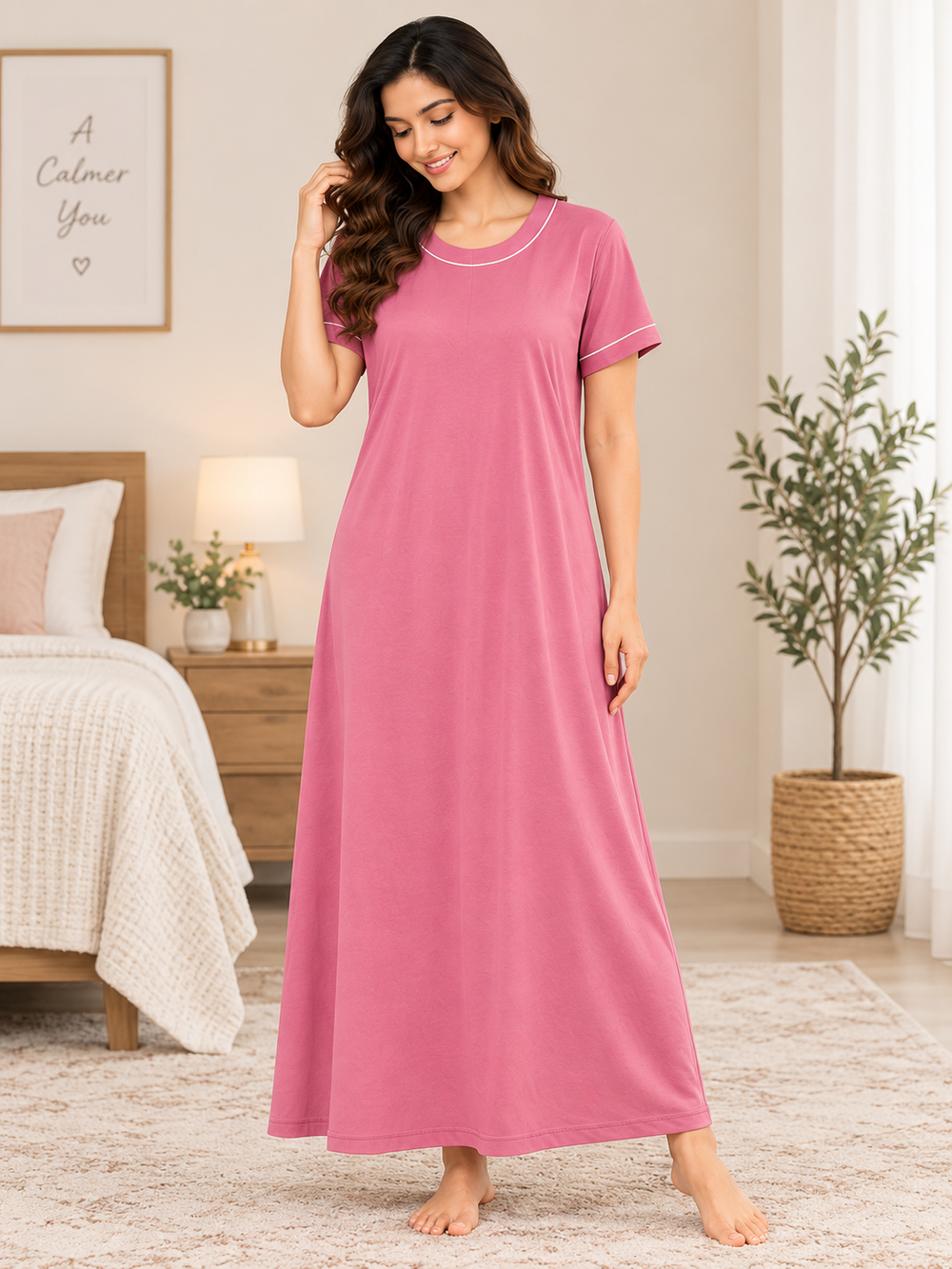 Karavya Pink Round Neck Cotton Long Nighty with Contrast Piping