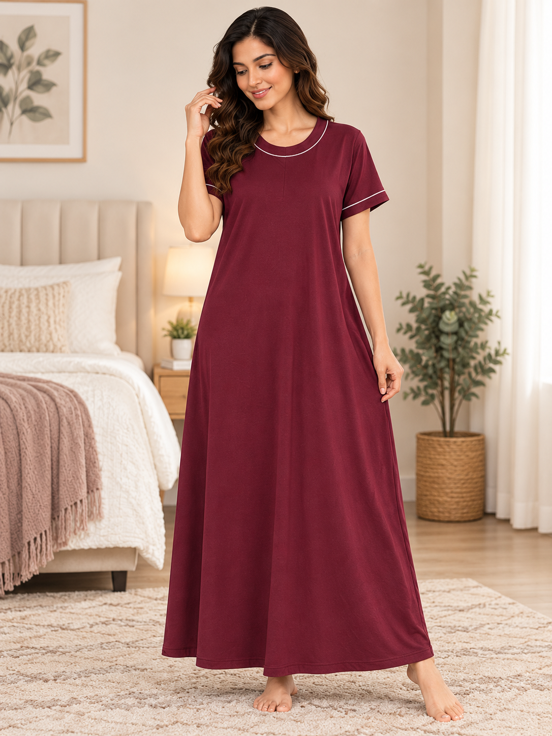 Karavya Wine Round Neck Piping Long Nighty for Women