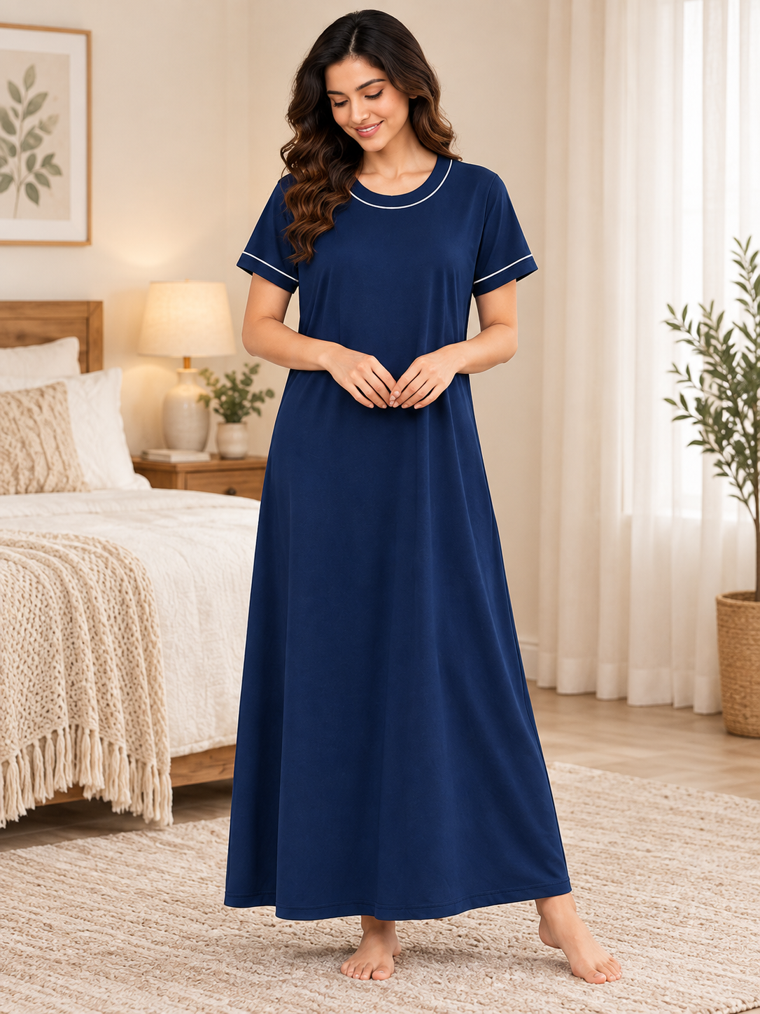 Karavya Navy Blue Round Neck Cotton Long Nighty with Contrast Piping