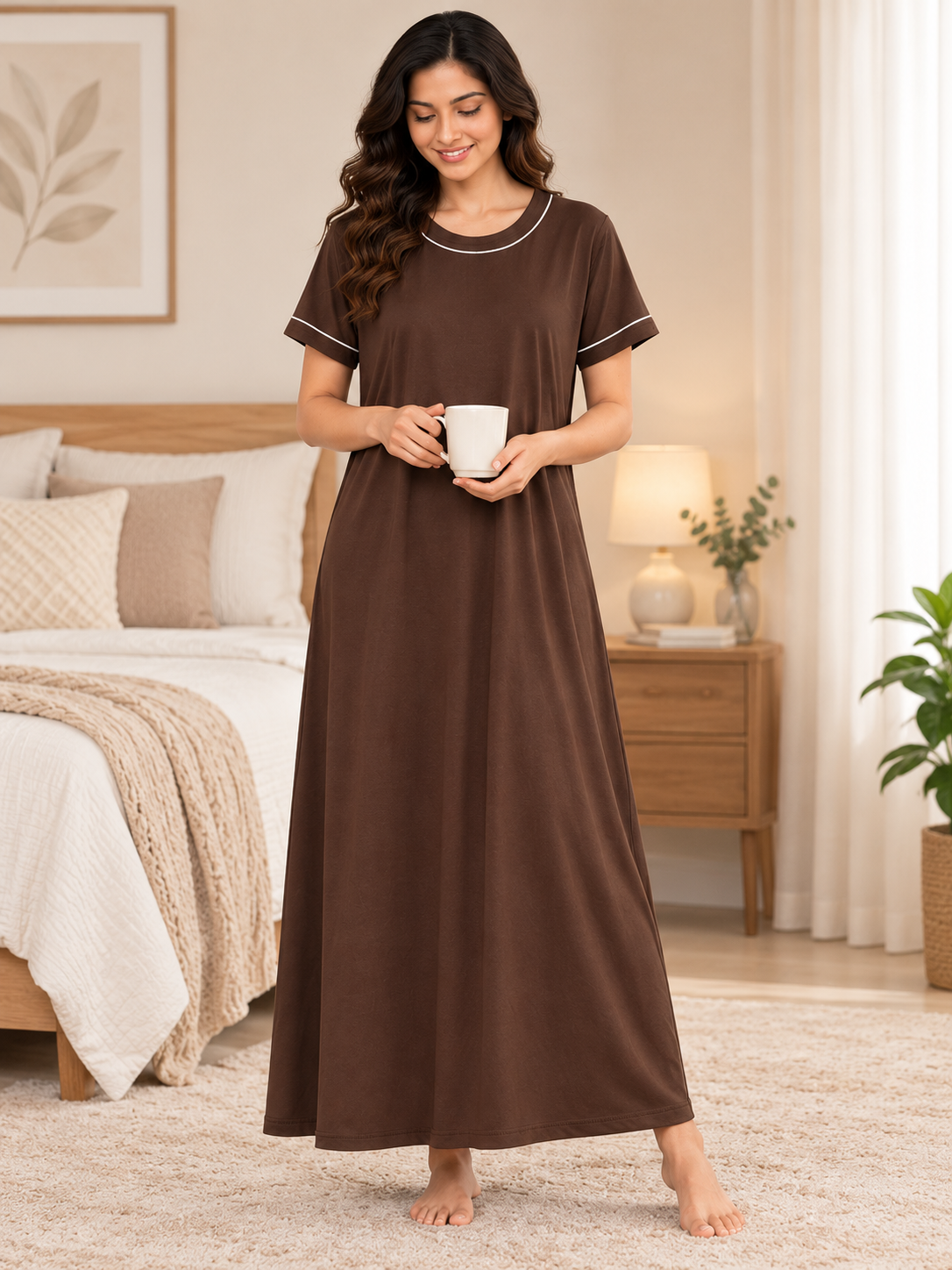 Karavya Coffee Brown Round Neck Cotton Long Nighty with Contrast Piping