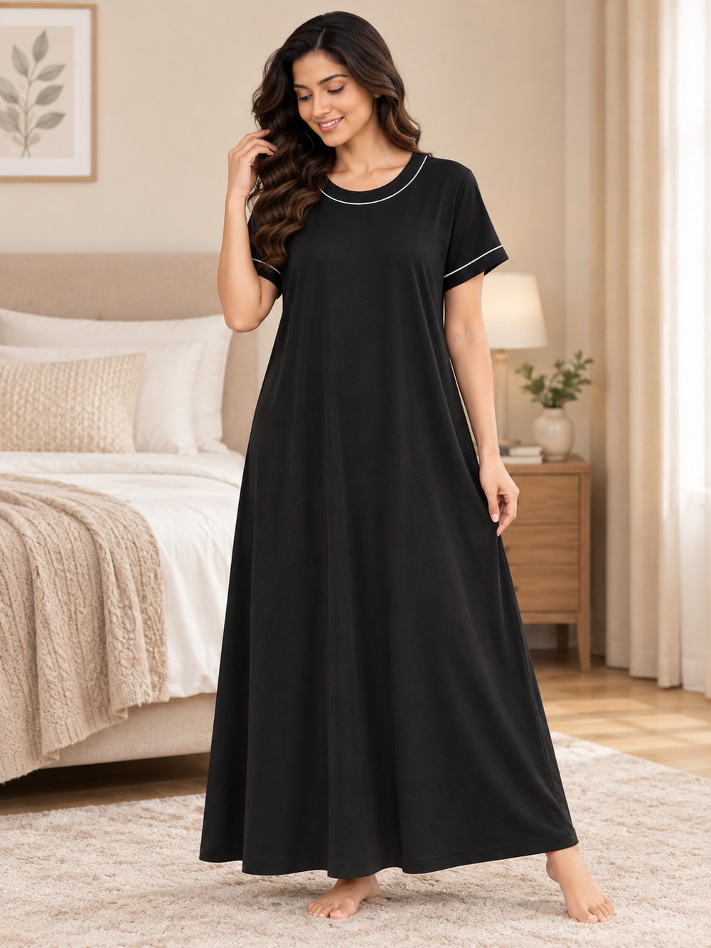 Karavya Black V-Neck Piped Cotton Long Nighty for Women