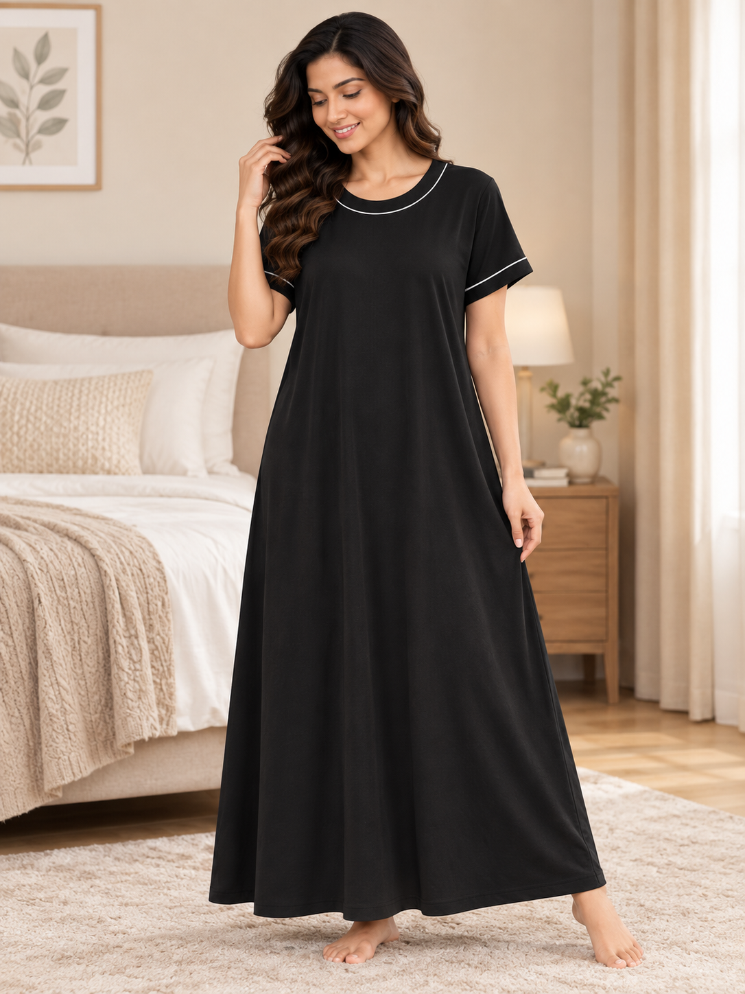 Karavya Black V-Neck Piped Cotton Long Nighty for Women