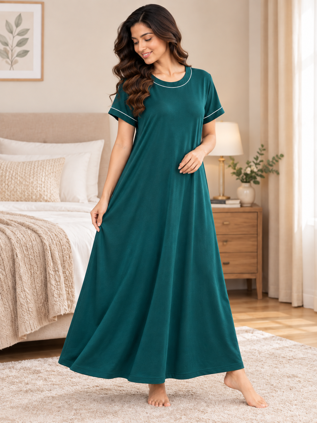Karavya Teal Green Round Neck Cotton Long Nighty with Contrast Piping