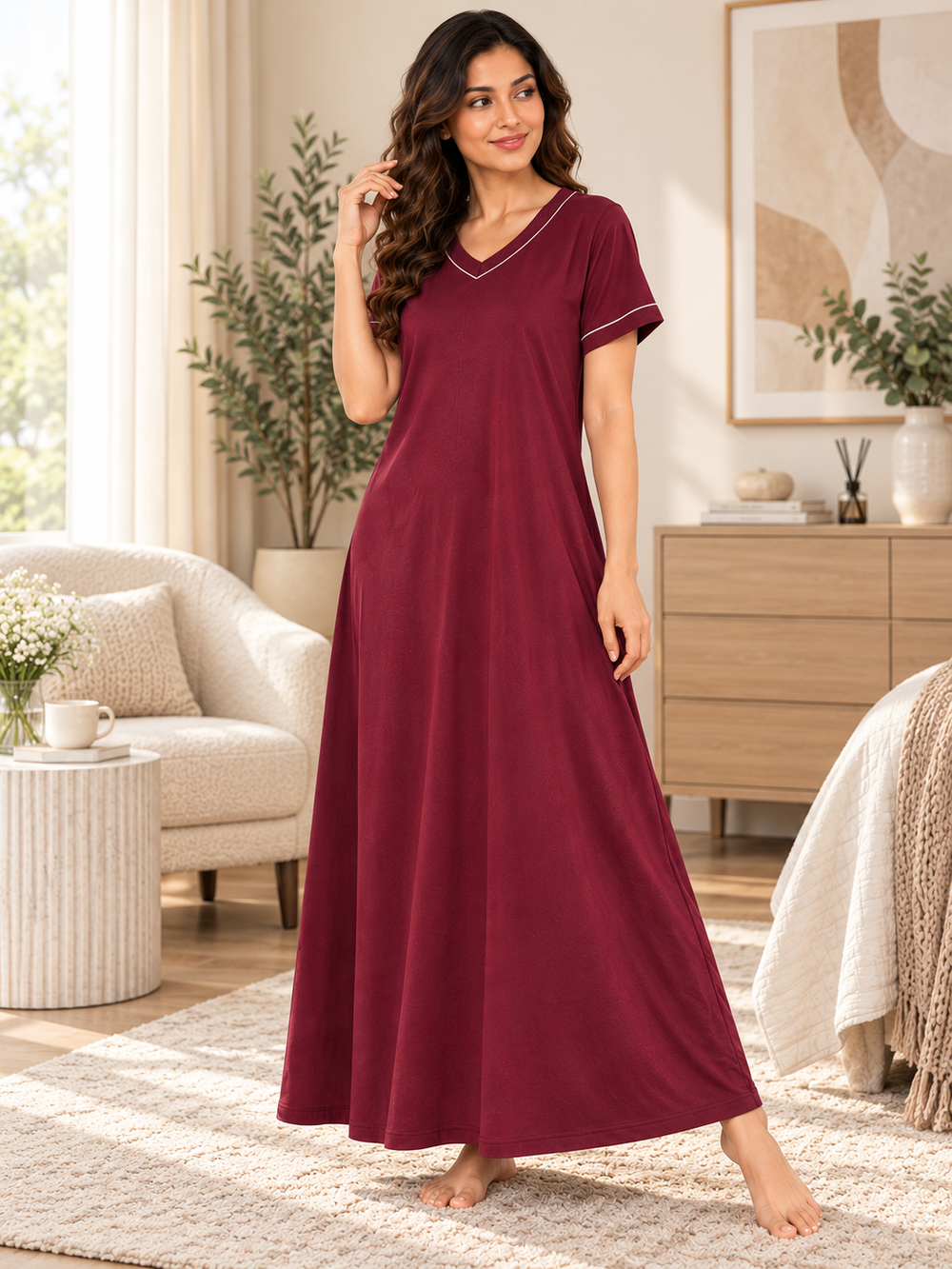 Karavya Wine V-Neck Piped Cotton Long Nighty for Women