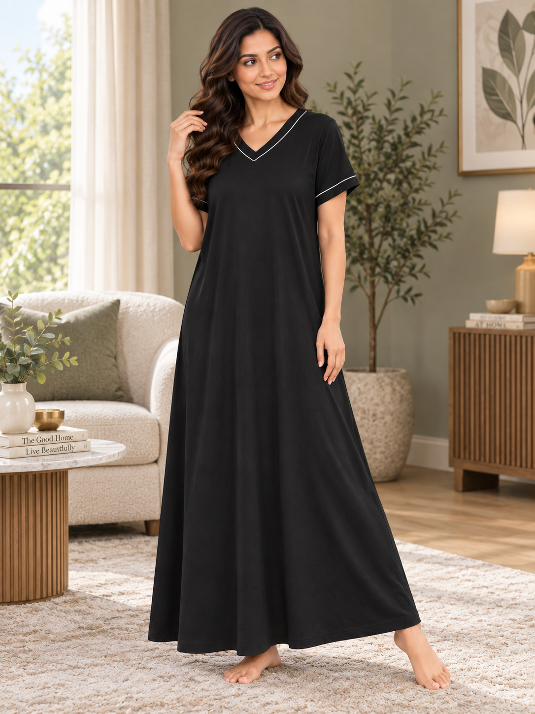 Karavya Black V-Neck Piped Cotton Long Nighty for Women