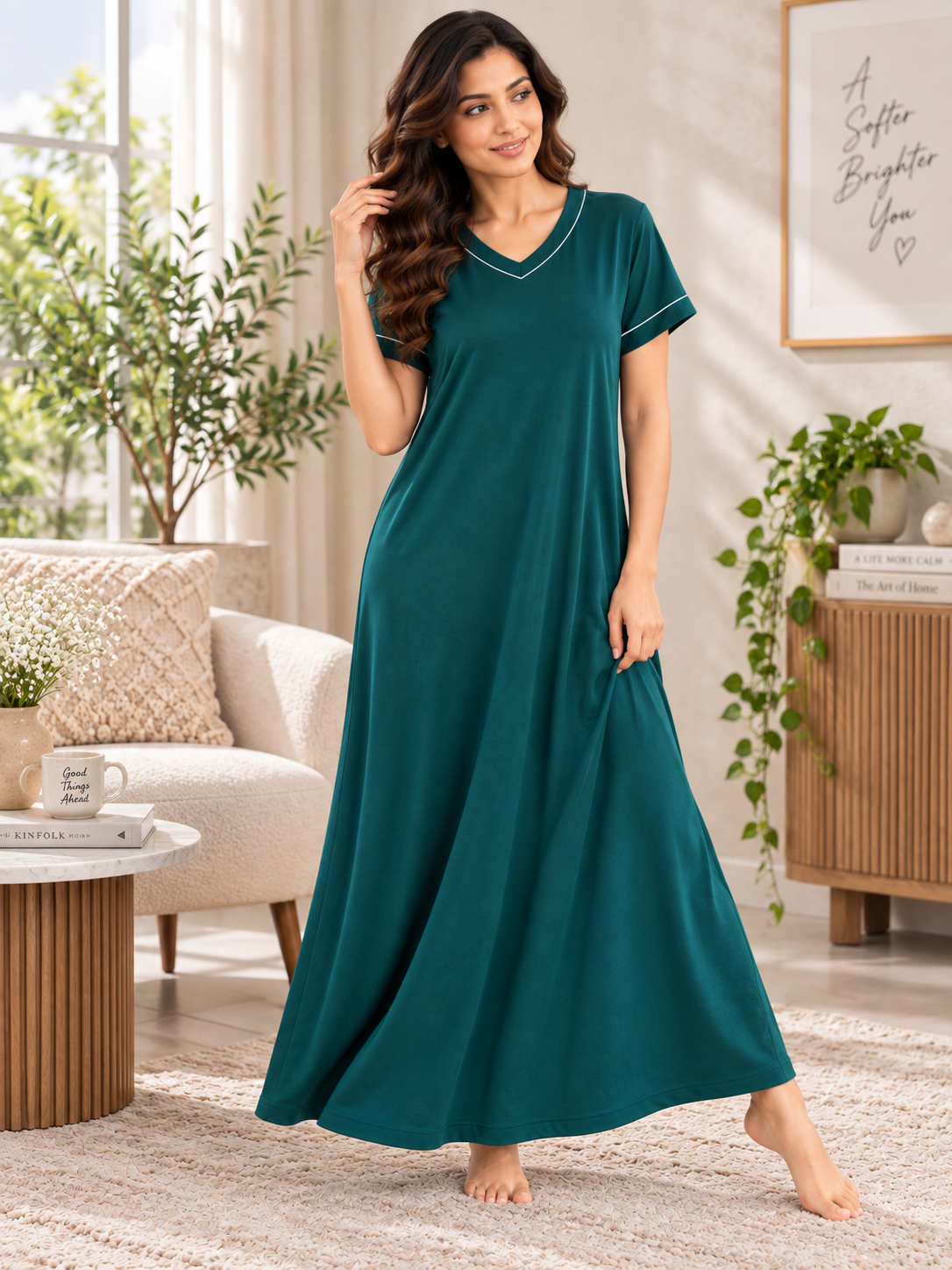 Karavya Teal Green V-Neck Piped Cotton Long Nighty for Women