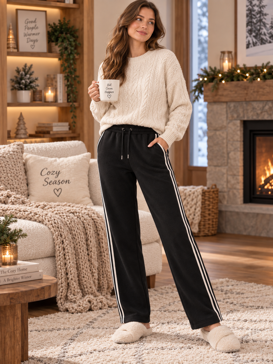 Karavya Black Fleece Winter Pajama for Women – Double White Side Stripe