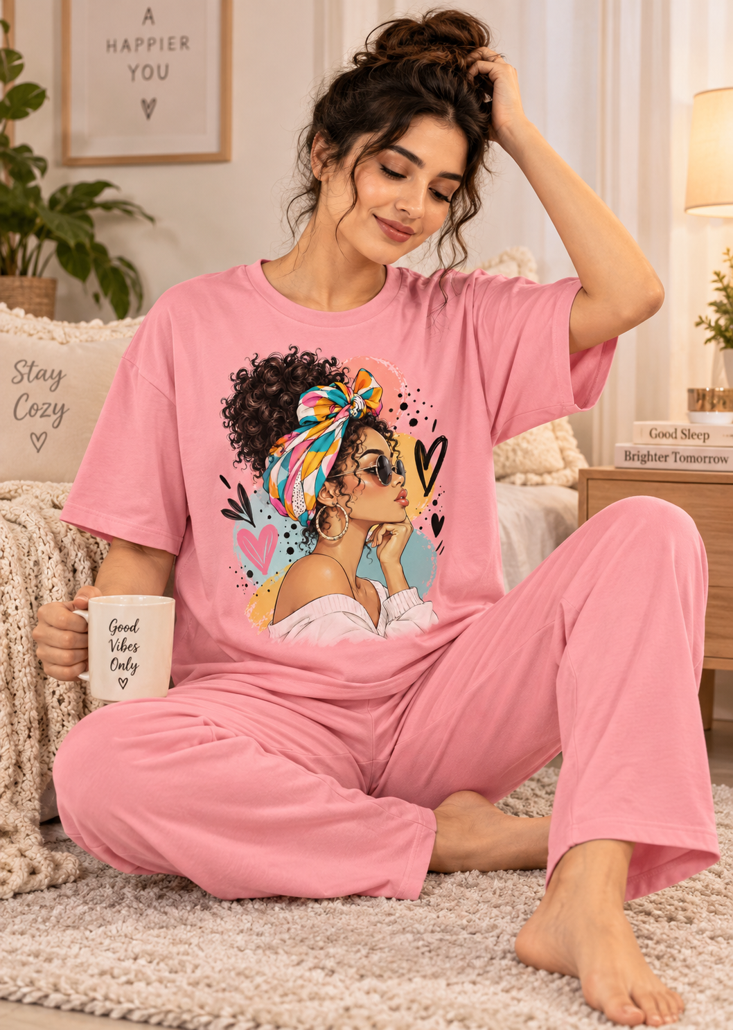 Karavya Women’s Pink Oversized Graphic T-Shirt & Pajama Nightwear Set