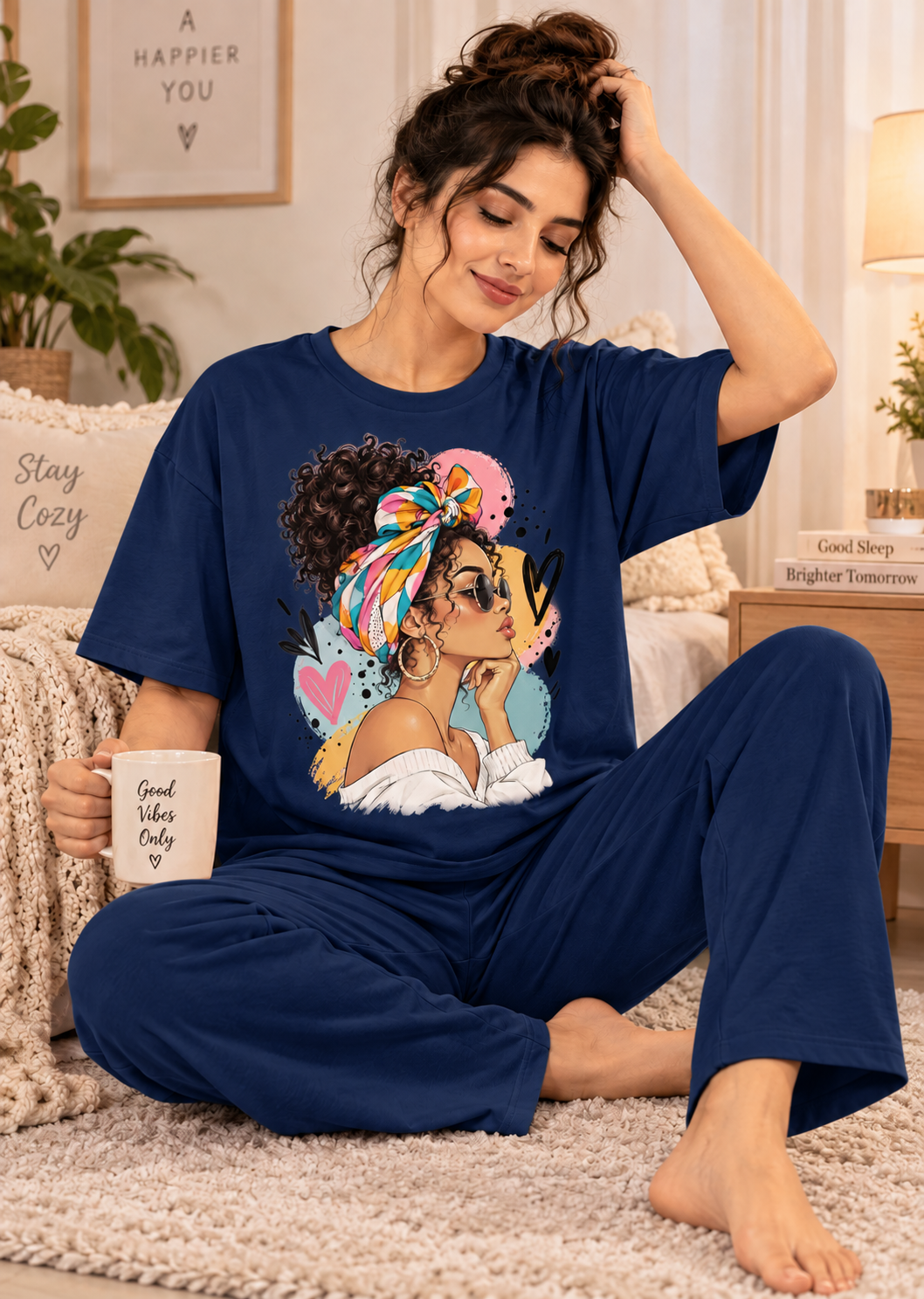 Karavya Women’s Navy Blue Oversized Graphic T-Shirt & Pajama Nightwear Set