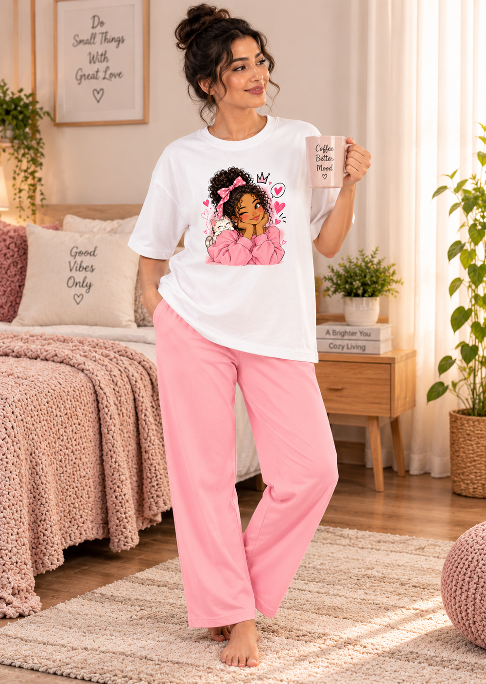 Karavya Women’s White Graphic Printed Oversized T-Shirt & Pink Pajama Nightwear Set