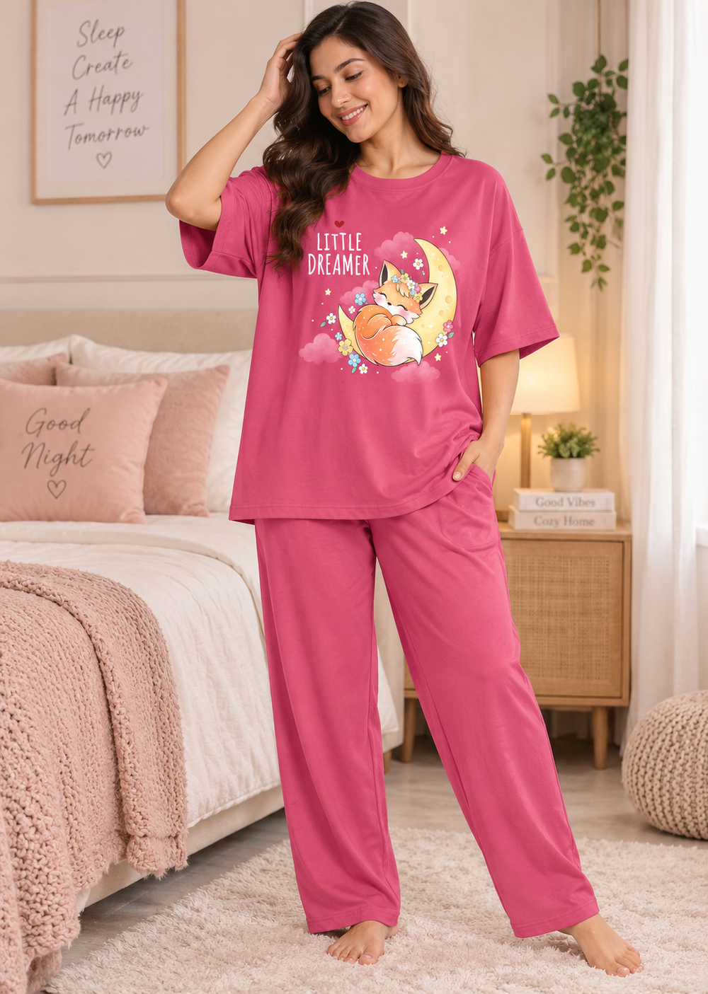 Karavya Women’s Pink Little Dreamer Graphic Oversized T-Shirt & Pajama Nightwear Set