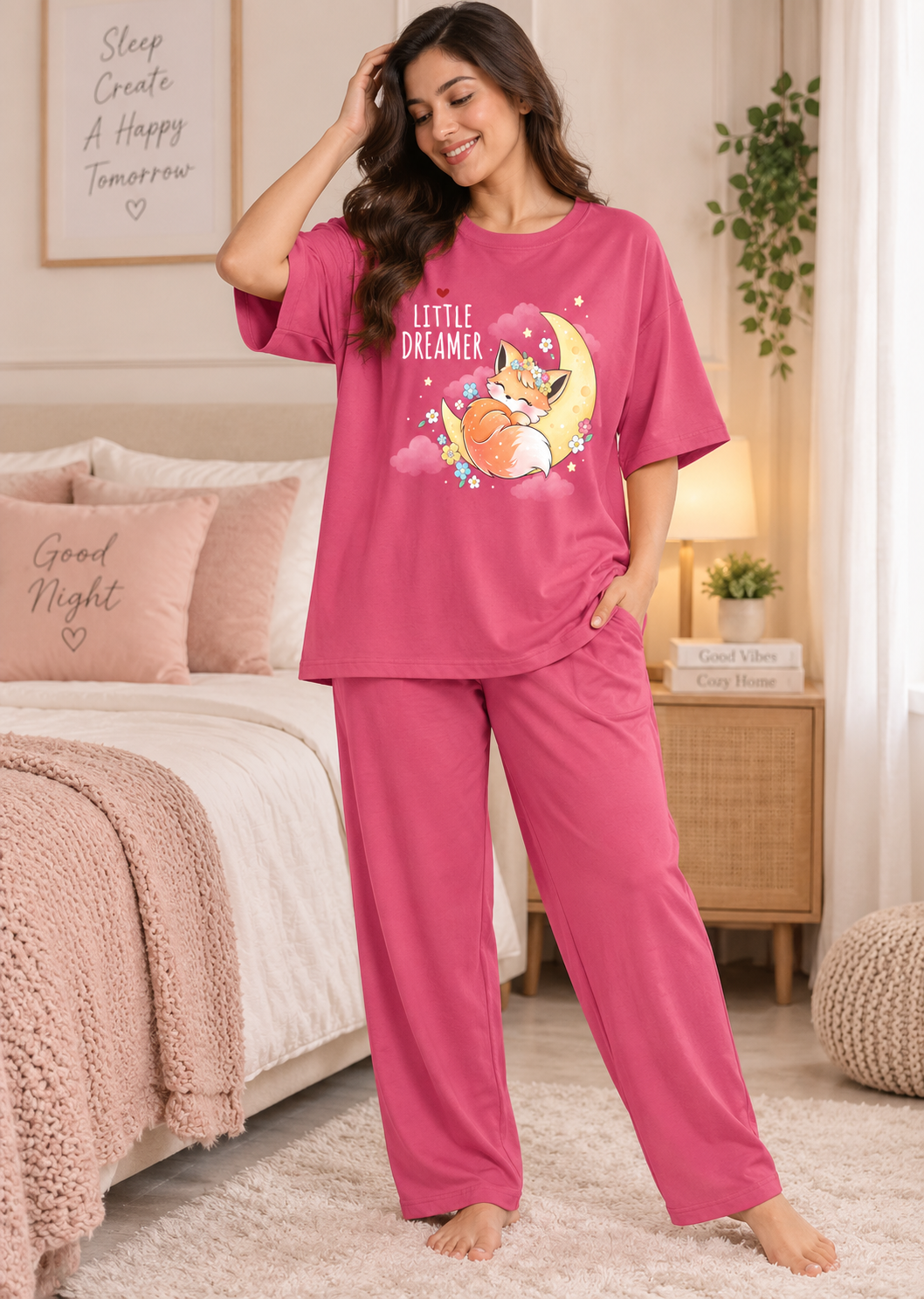 Karavya Women’s Pink Little Dreamer Graphic Oversized T-Shirt & Pajama Nightwear Set