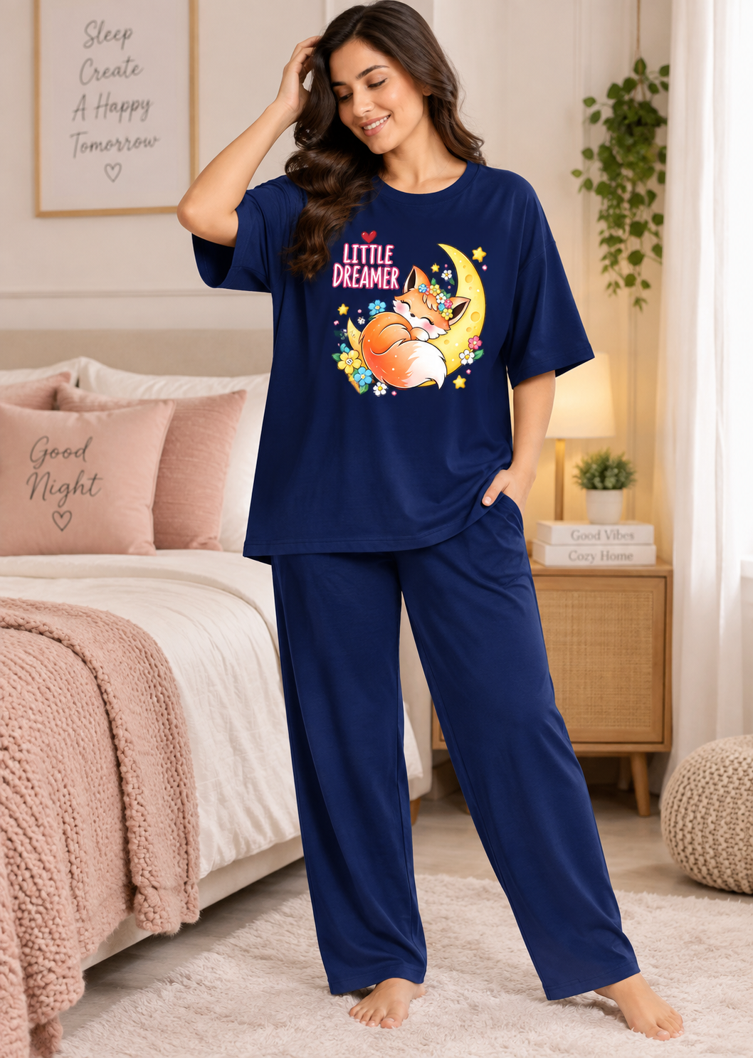 Karavya Women’s Navy Blue Little Dreamer Graphic Oversized T-Shirt & Pajama Nightwear Set