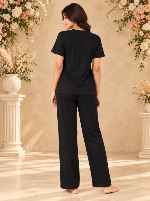 Karavya Classic Black Comfort Cotton Night Suit for Women