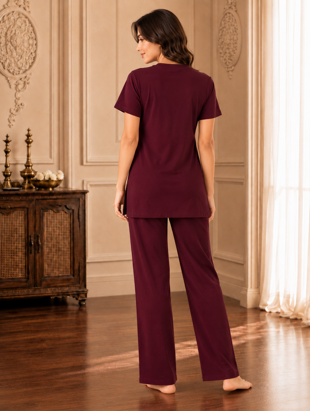 Karavya Wine Mandarin Collar Longline Cotton Night Suit for Women