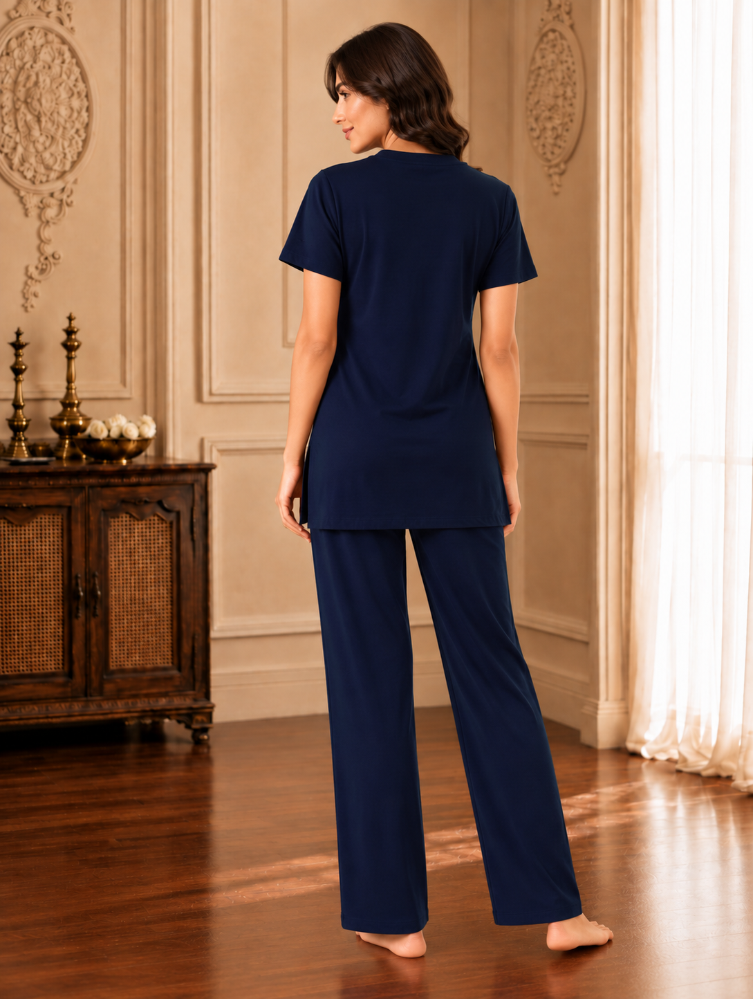 Karavya Navy Blue Mandarin Collar Longline Cotton Night Suit for Women