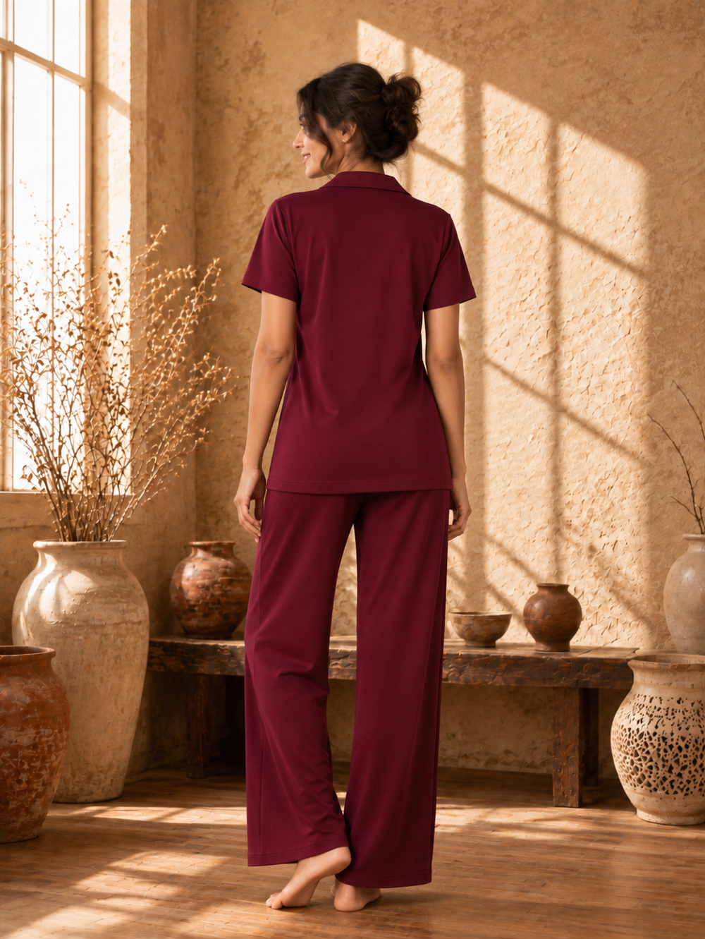 Karavya Wine Front-Open Cotton Night Suit for Women