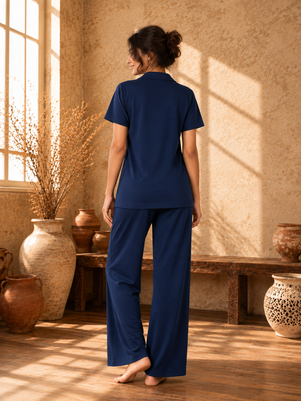 Karavya Classic Navy Front-Open Cotton Night Suit for Women