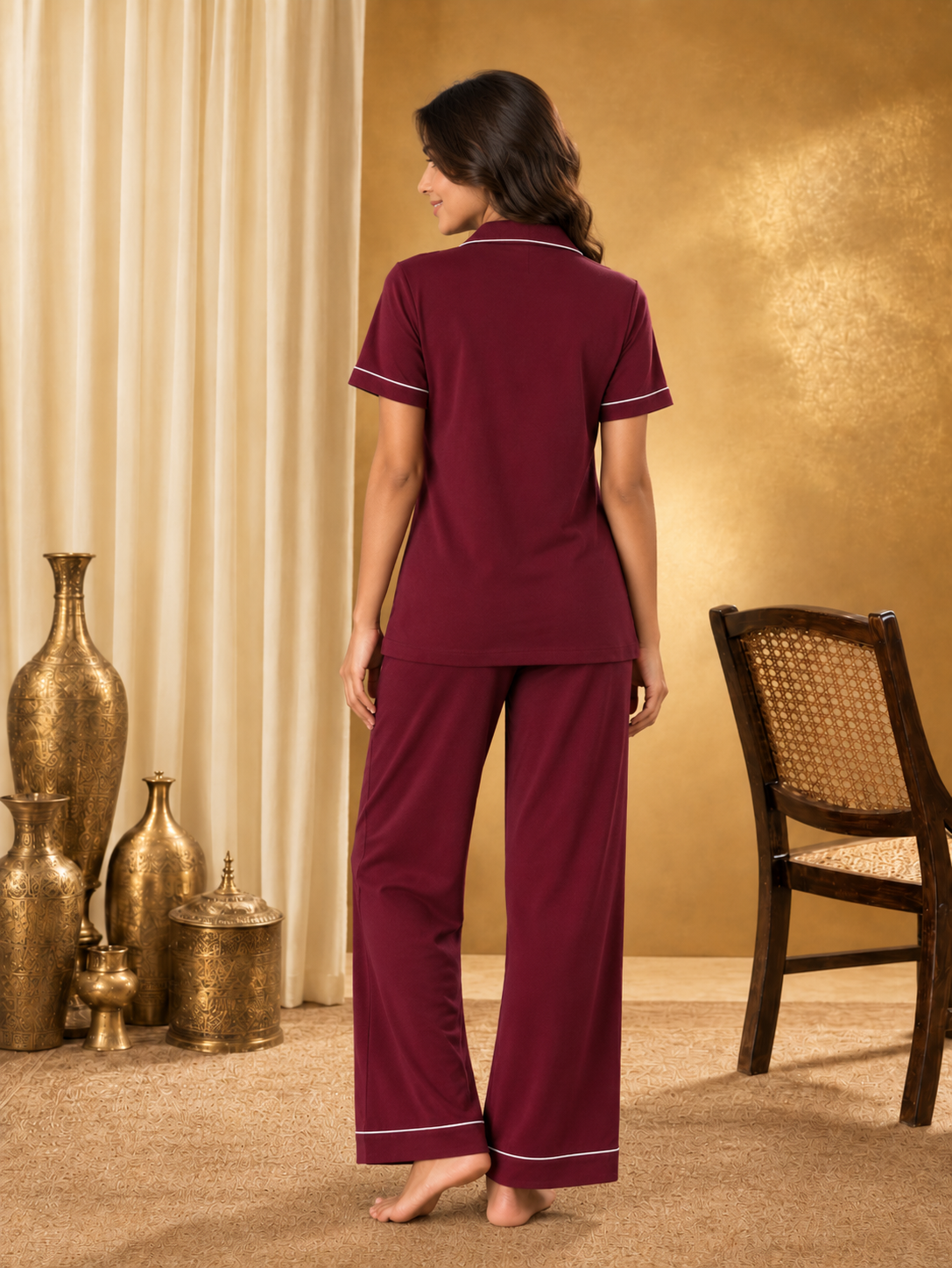 Karavya Wine Piped Front-Open Cotton Night Suit for Women