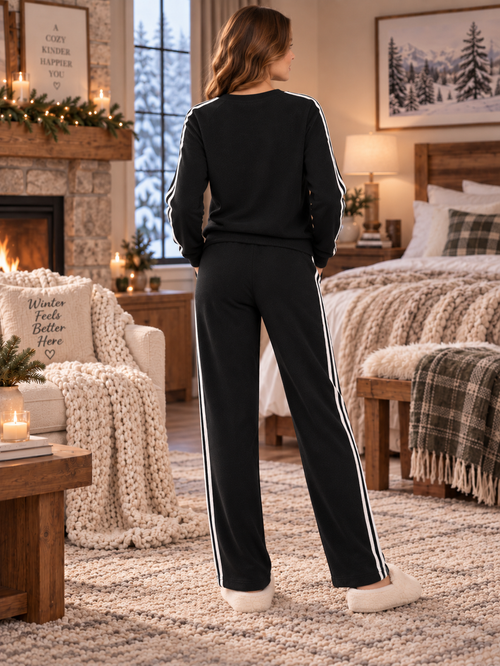 Karavya Black Double Stripe Fleece Winter Co-Ord Night Suit for Women